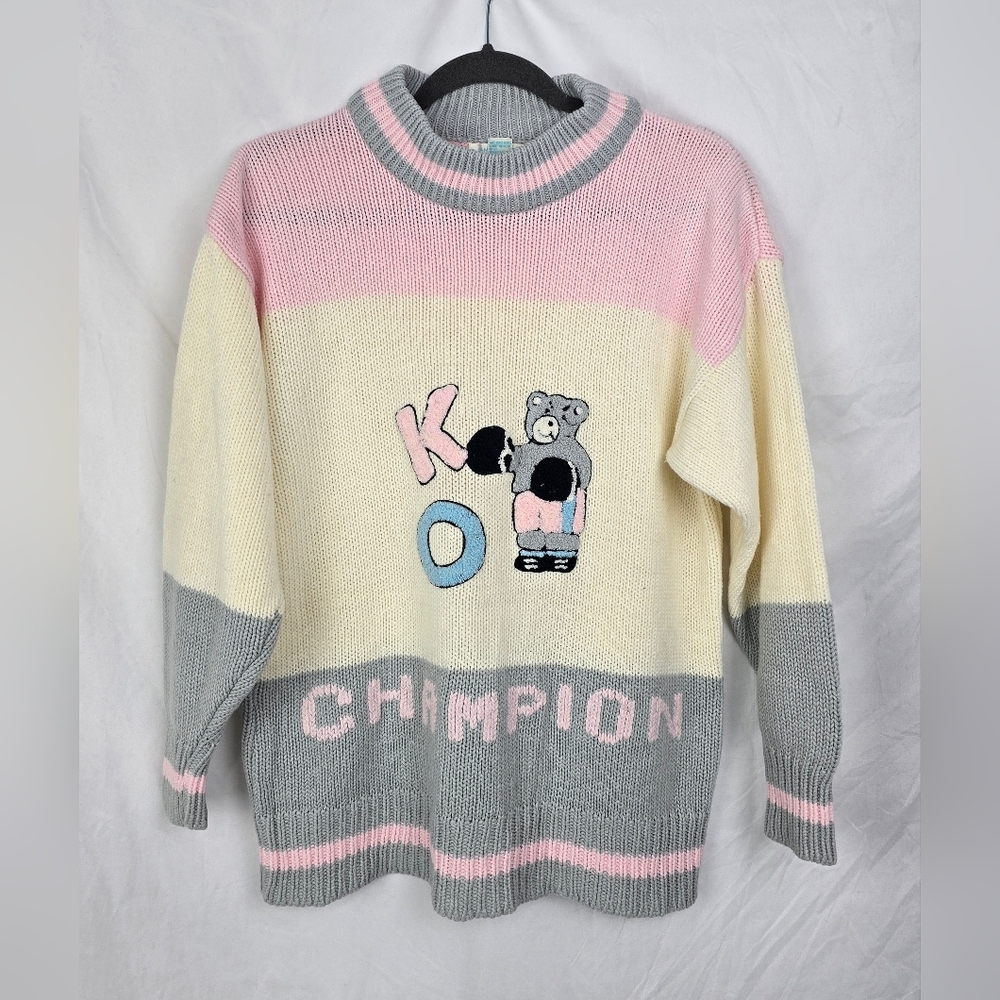 Jamie Scott Vintage KO Champion Bear Boxing Boxy Feminine Boho Sweater Medium